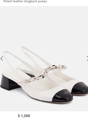 Miu Miu White Patent Slingback Pumps with Black Cap Toe and Pearl Chain